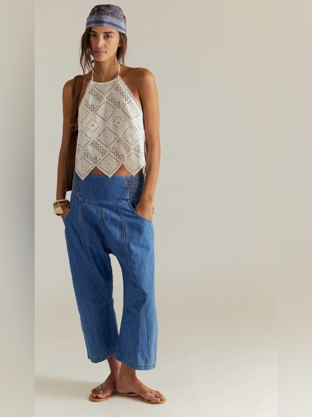 Free People Blue Wide-Leg Cropped Jeans with Smocked Waist